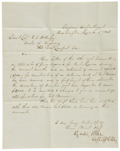 View full screen - View 1 of Lot 2125. Lee, Robert E. Letter signed to Lieutenant Colonel R.E. Russy, 15 March 1845.