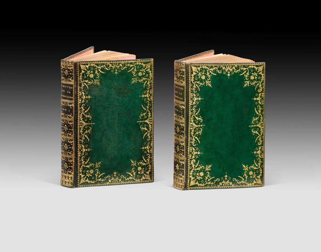 View full screen - View 1 of Lot 42. Contes et nouvelles. Amsterdam, 1762. 2 vol. in-12, maroquin vert de l'ép. Premier tirage. 6 ef ajoutées.