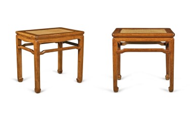 View full screen - View 1 of Lot 110. Two 'huanghuali' rectangular stools (Deng), Qing dynasty, 18th century | 清十八世紀 黃花梨有束腰羅鍋棖馬蹄足長方凳兩件.