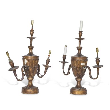 View full screen - View 1 of Lot 11. A pair of George III style gilt-gesso three light lamps, circa 1920.