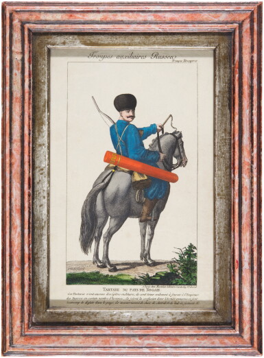 View full screen - View 1 of Lot 35. A mixed group of eight hand-coloured engravings of military and civilian costume, French school, circa 1800.