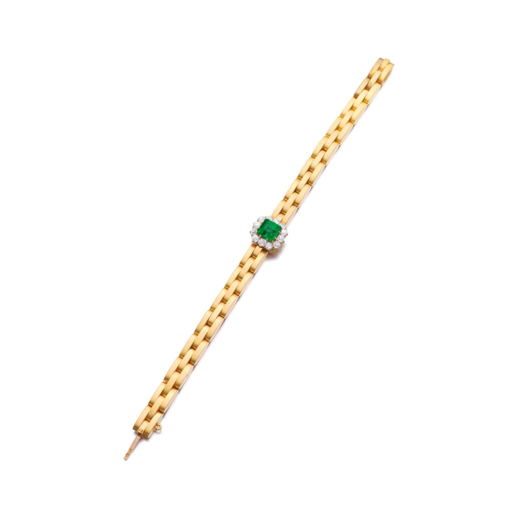 View full screen - View 1 of Lot 1053. Emerald, diamond and gold bracelet, 1890s.
