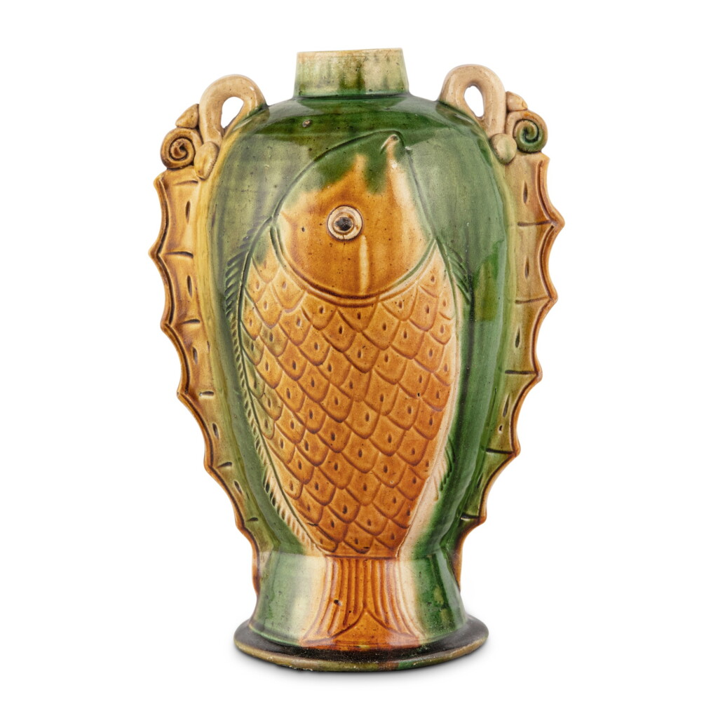 View full screen - View 1 of Lot 178. A sancai-glazed pottery 'fish' vase, Tang - Liao dynasty | 唐至遼 三彩魚紋雙繫壺.