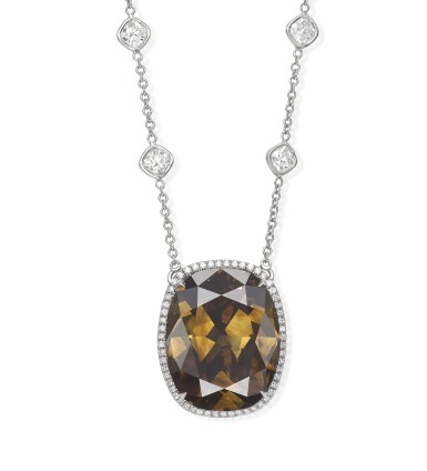 View full screen - View 1 of Lot 1709. FANCY DARK YELLOWISH BROWN DIAMOND AND DIAMOND PENDENT NECKLACE | 30.04卡拉 暗彩黃棕色鑽石 配 鑽石 項鏈.