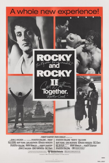 View full screen - View 1 of Lot 162. Rocky and Rocky II (1976/1979), US double-bill re-release poster, 1980, signed by Carl Weathers .