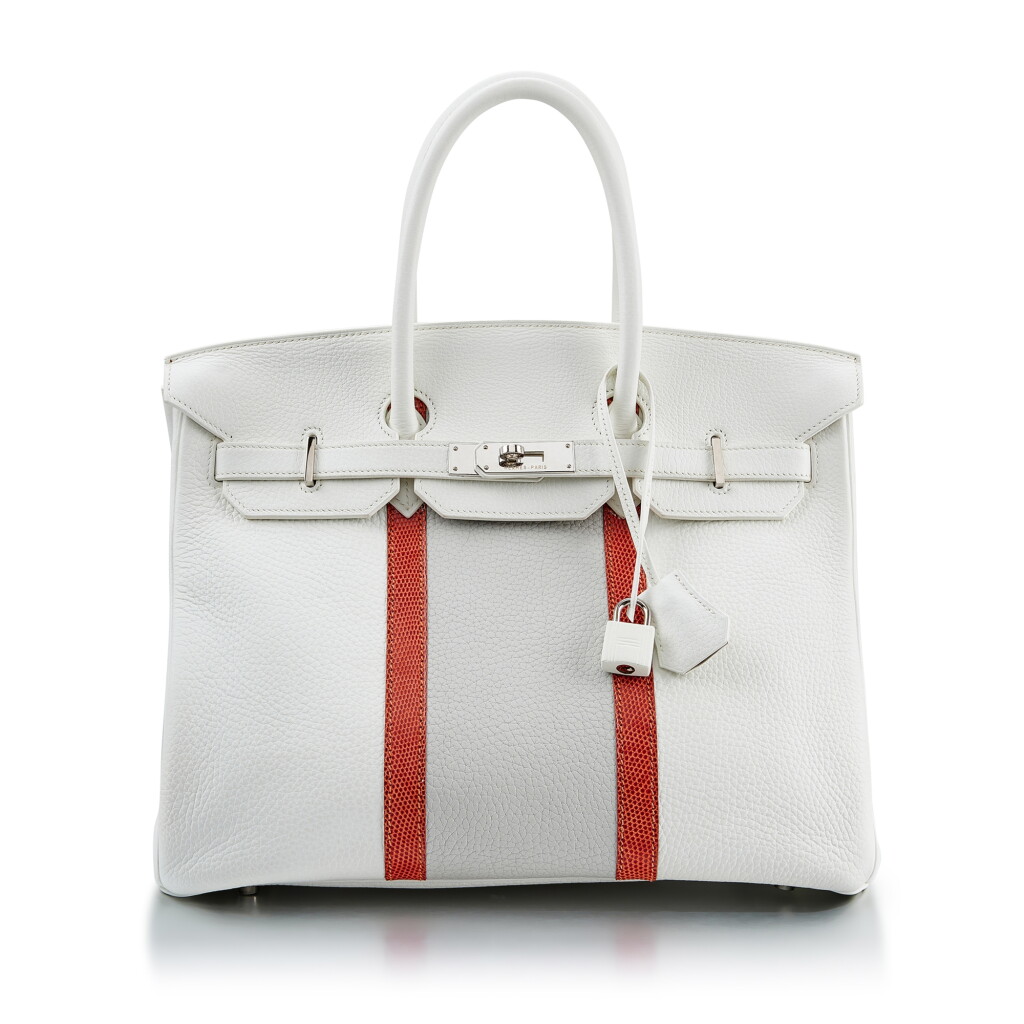 View full screen - View 1 of Lot 7888. Limited Edition Gris Perle, Blanc Clemence and Sanguine Lizard Club Birkin 35 Palladium Hardware, 2011.