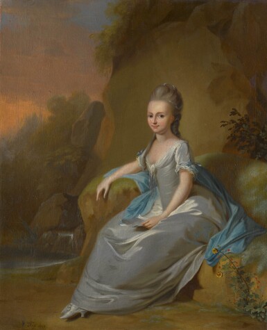 View full screen - View 1 of Lot 123. ANTON WILHELM TISCHBEIN | PORTRAIT OF ELISABETH VON BREITENBACH, WEARING A BLUE DRESS, SEATED IN A LANDSCAPE.