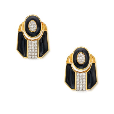 View full screen - View 1 of Lot 254. Pair of Gold, Diamond and Enamel Earclips.