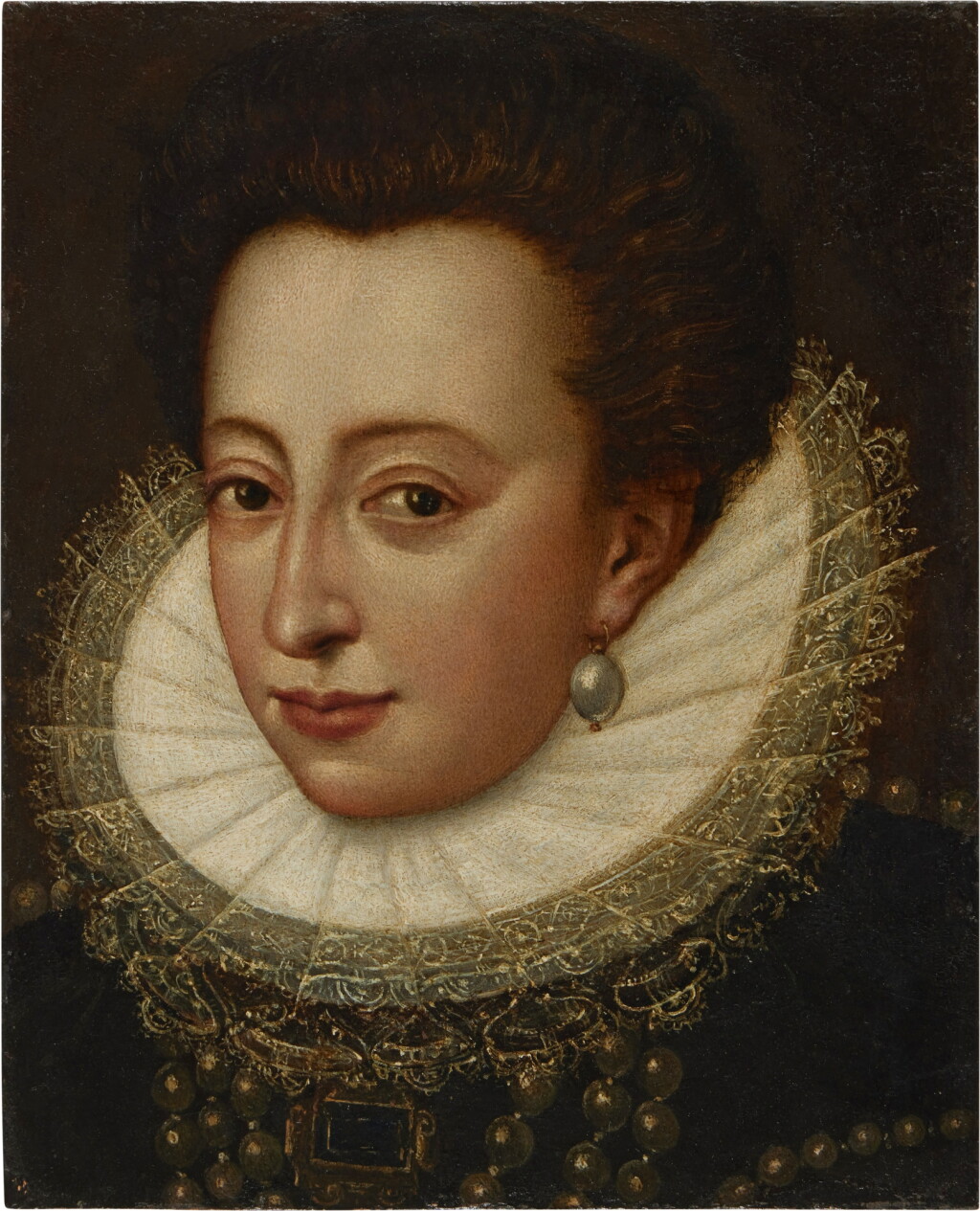 View full screen - View 1 of Lot 314. Portrait of Christina of Lorraine (1565-1637), Grand Duchess of Tuscany, bust-length, wearing a black dress with an elaborate lace collar and pearl jewelry.