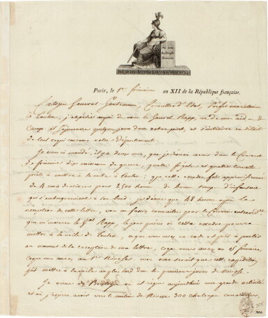 View full screen - View 1 of Lot 105. Napoleon I | Letter signed, to Admiral Ganteaume, concerning plans for the invasion of England, 1803.