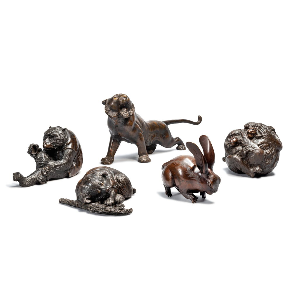 View full screen - View 1 of Lot 664. A Group of Five Bronze Figures of Animals, Meiji Period, Late 19th Century | 銅製置物 動物5点、明治時代、19世紀後期 | 日本 明治 十九世紀末 銅動物置物五件.