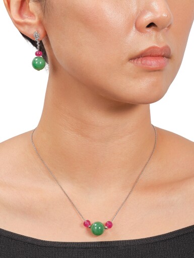 View full screen - View 1 of Lot 2792. Jadeite Bead and Ruby Necklace; and Pair of Jadeite Bead, Ruby and Diamond Pendent Earrings | 天然翡翠珠 配 紅寶石 項鏈; 及 天然翡翠珠, 紅寶石 配 鑽石 耳墜一對 .