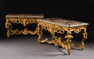 View full screen - View 1 of Lot 58. A MATCHED PAIR OF NEAPOLITAN PIETRE DURE AND MARBLE TOPS LATE 17TH CENTURY, ON EARLY LOUIS XV STYLE CARVED GILTWOOD CONSOLE TABLES.