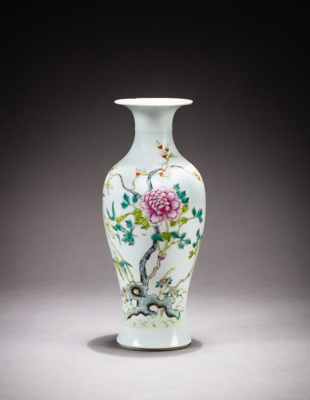 View full screen - View 1 of Lot 150. A small famille-rose 'butterfly and flower' vase, Qing dynasty, 19th century | 清十九世紀 粉彩蝶戀花圖小瓶.