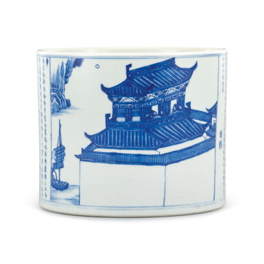 View full screen - View 1 of Lot 306. An inscribed blue and white 'pavilion' brushpot Qing dynasty, Kangxi period | 清康熙 青花題滕王閣序筆筒 《大明成化年製》仿款.