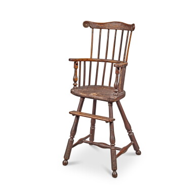 View full screen - View 1 of Lot 136. The Important Wister Family Brown-Painted Scroll-Carved Comb-Back Windsor High Chair, Philadelphia, Pennsylvania, Circa 1761.