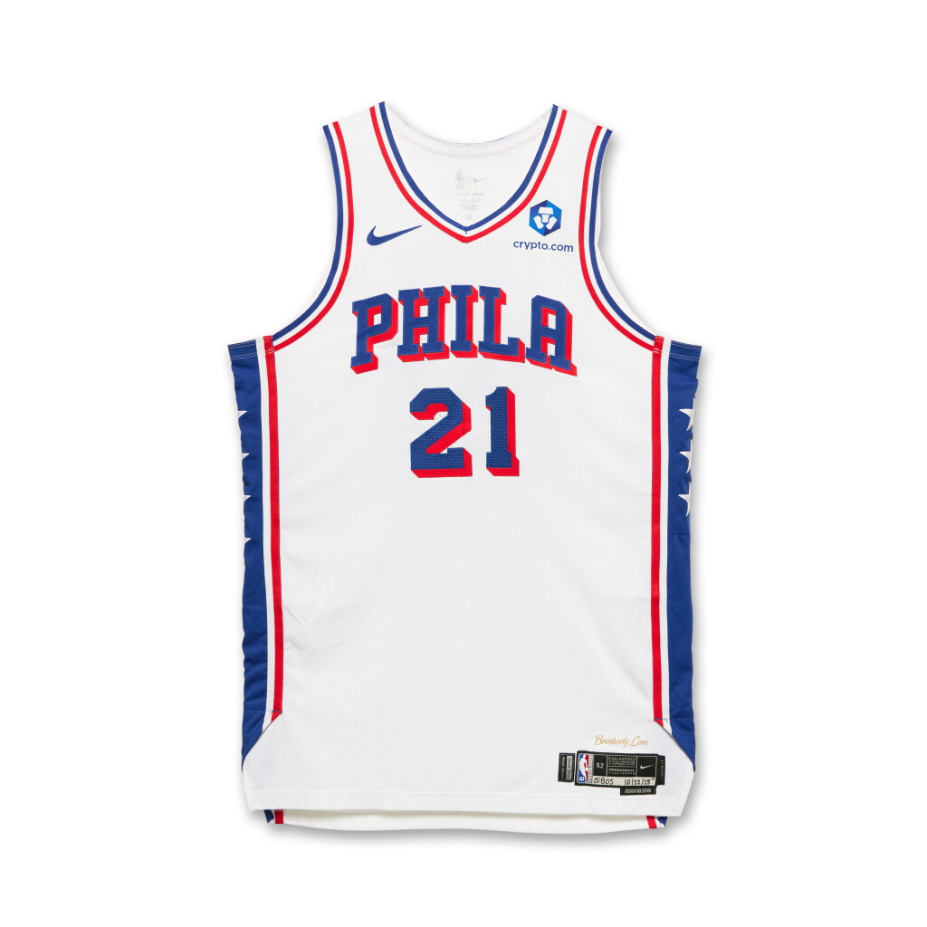 View full screen - View 1 of Lot 13. Joel Embiid Philadelphia 76ers 2025-2026 NBA Tip-Off Game Worn Association Edition Jersey.