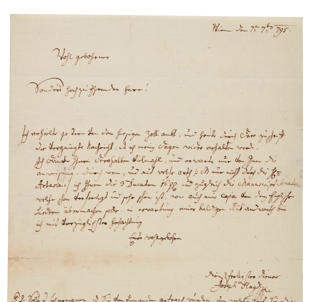 View full screen - View 1 of Lot 153. Joseph Haydn | Fine autograph letter signed, to C.G. Breitkopf, 7 September 1795.