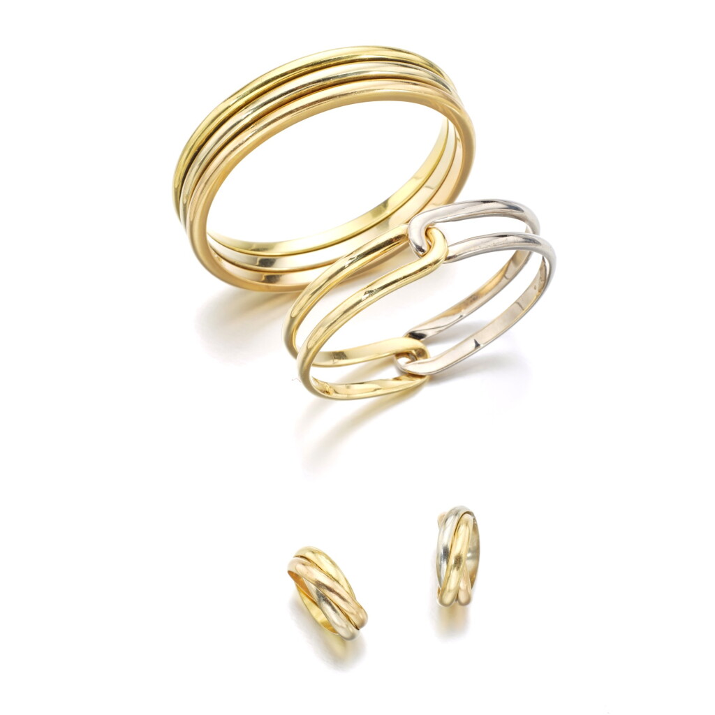 View full screen - View 1 of Lot 1126. Pair of rings, 'Trinity', and two gold bangles.