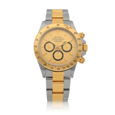 View full screen - View 1 of Lot 414. 'Zenith' Daytona, Ref. 16523 Stainless steel and yellow gold chronograph wristwatch with bracelet and 'inverted 6' dial Circa 1991 | 勞力士 16523型號「'Zenith' Daytona」精鋼及白金計時鍊帶腕錶配倒轉「6」字小錶盤,年份約1991.