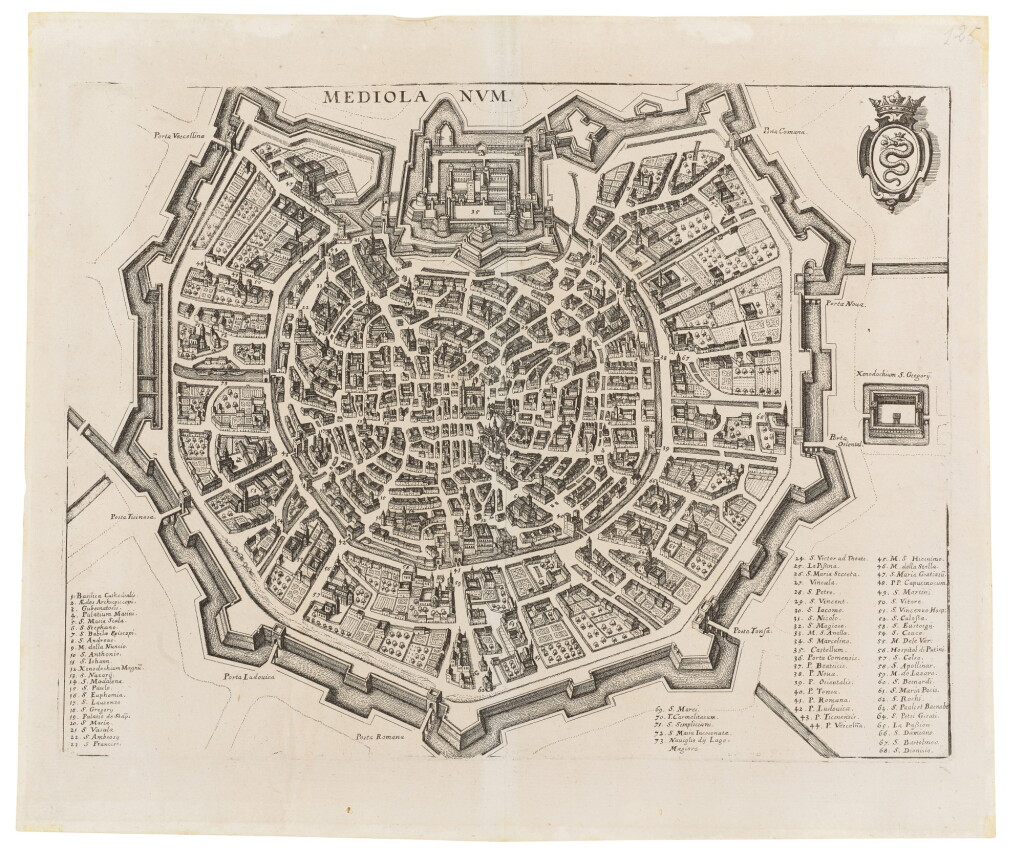 View full screen - View 1 of Lot 277. Matthaeus Merian. Mediolanum. 1638; Vue de l'Eglise...Milan. 1704. due tavole incise.