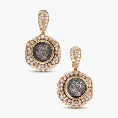 View full screen - View 1 of Lot 581. Pair of Ancient Coin and Diamond ‘Monete’ Pendent Earrings.