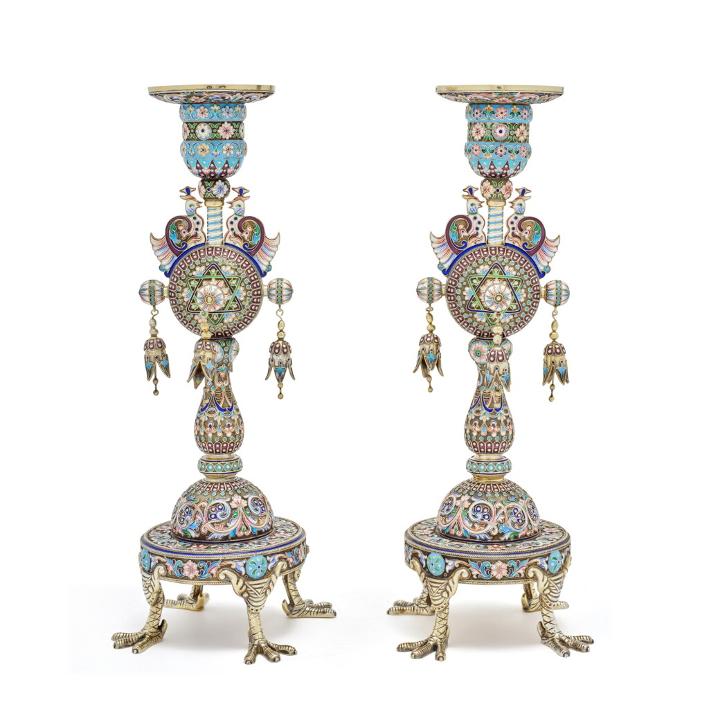 View full screen - View 1 of Lot 156. A Pair of Silver-Gilt and Shaded Enamel Candlesticks, late 20th century.