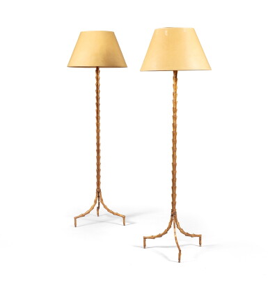View full screen - View 1 of Lot 97. A pair of patinated and gilt-bronze lamps, attributed to Maison Baguès .