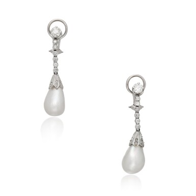View full screen - View 1 of Lot 470. Pair of Natural Pearl and Diamond-Pendant Earclips .
