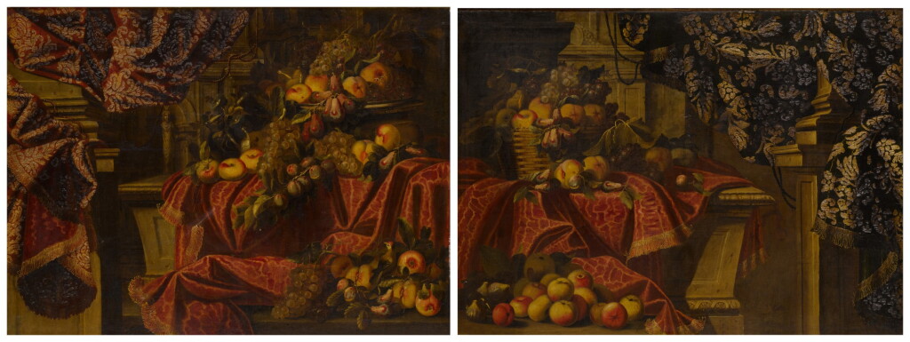 View full screen - View 1 of Lot 117. Still lifes of fruit set on a ledge draped with brocade.