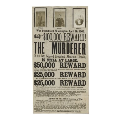 View full screen - View 1 of Lot 309. (Lincoln, Abraham) | John Wilkes Booth Is Still At Large.