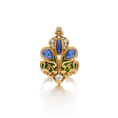 View full screen - View 1 of Lot 326. Sapphire, Enamel and Diamond Ring.