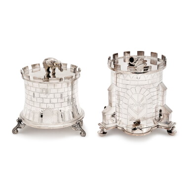 View full screen - View 1 of Lot 1043. Two Victorian Silver Plated Tower-Form Biscuit Boxes, Late 19th Century.