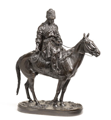 View full screen - View 1 of Lot 247. COSSACK ON HORSEBACK: A BRONZE FIGURAL GROUP, AFTER THE MODEL EVGENI LANCERAY (1848-1886).