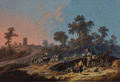 View full screen - View 1 of Lot 459. Pastoral Landscape at Dusk with Villagers, Shepherds, and Sheep by a Bridge.