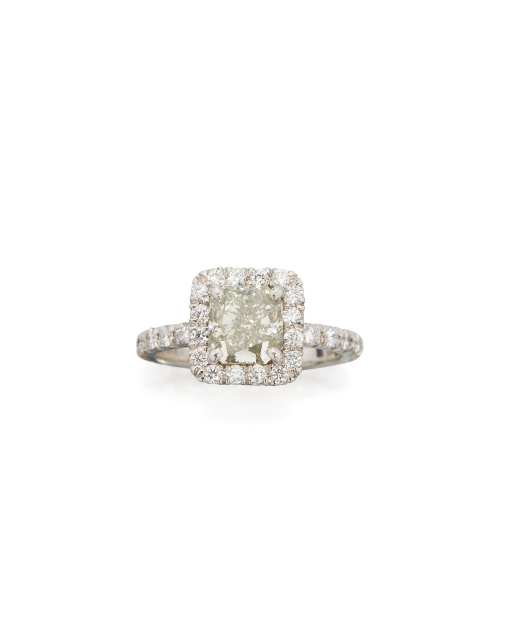 View full screen - View 1 of Lot 101. FANCY GRAYISH YELLOWISH GREEN DIAMOND AND DIAMOND RING.