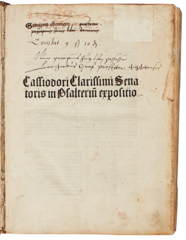 View full screen - View 1 of Lot 162. Cassiodorus, Expositio in Psalterium, Basel, 1491, contemporary half stamped pigskin over wooden boards.