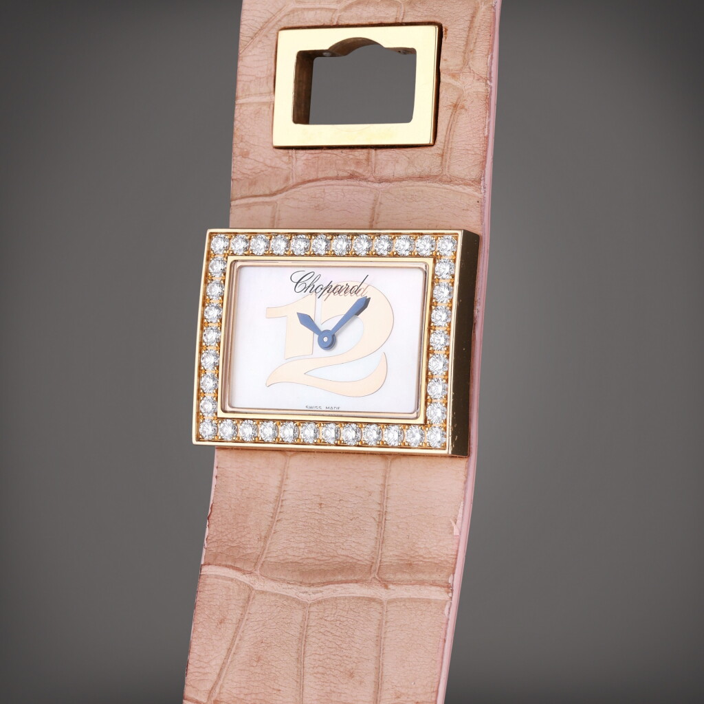 View full screen - View 1 of Lot 103. Reference 209147 Happy Twelve | A pink gold and diamond-set rectangular wristwatch with mother of pearl dial, Circa 2007.