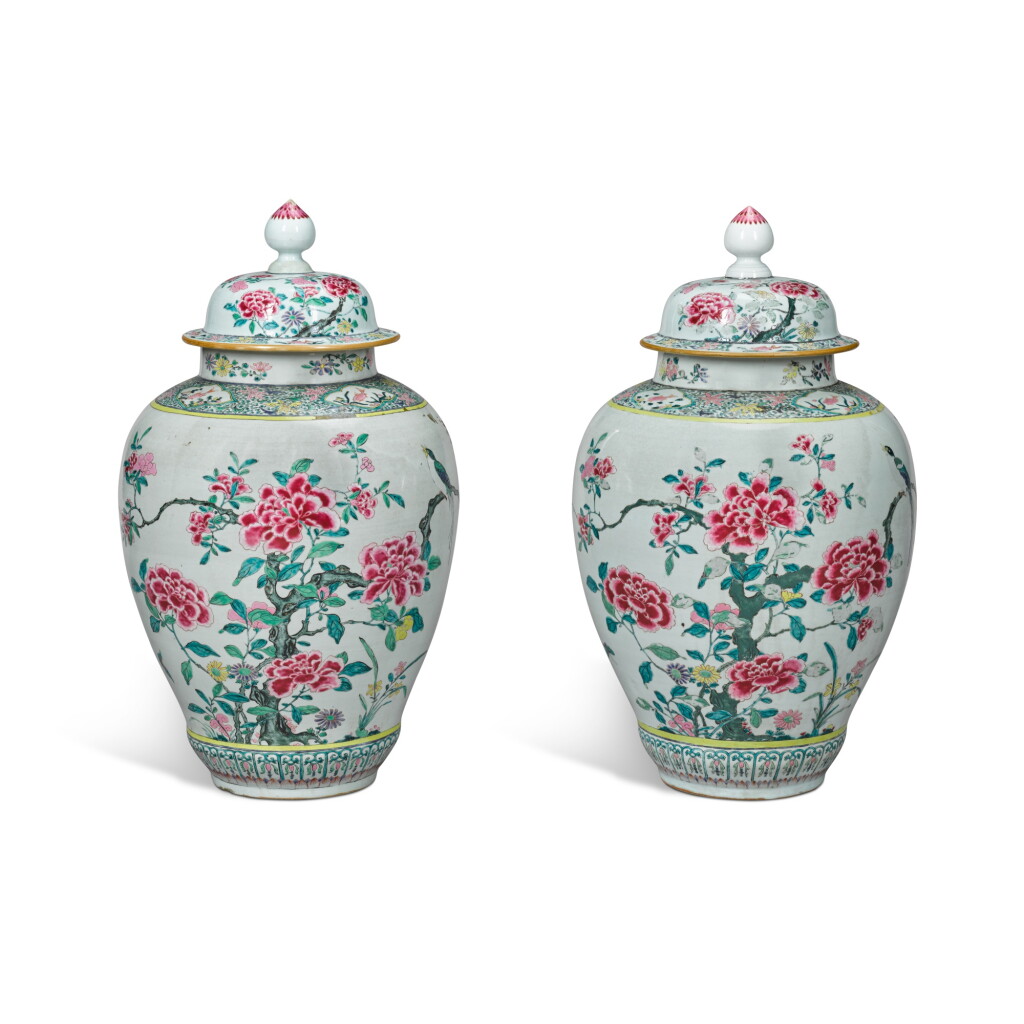 View full screen - View 1 of Lot 35. A pair of Chinese export famille-rose vases and covers, Qing dynasty, Yongzheng period.