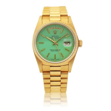 View full screen - View 1 of Lot 437. 'STELLA' DAY-DATE, REF 18038 YELLOW GOLD WRISTWATCH WITH DAY, DATE, BRACELET AND GREEN STELLA DIAL CIRCA 1979.