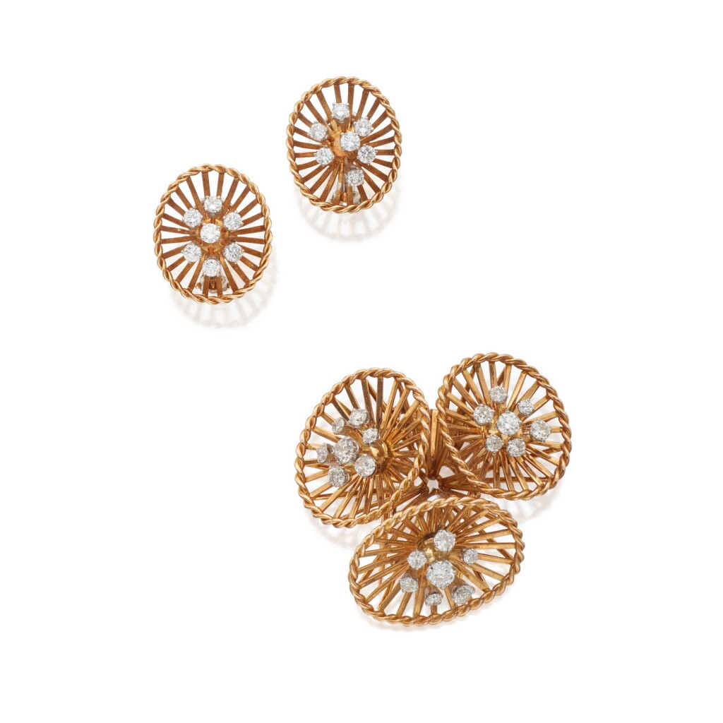 View full screen - View 1 of Lot 147. Pair of Gold and Diamond Earclips and Clip-Brooch.