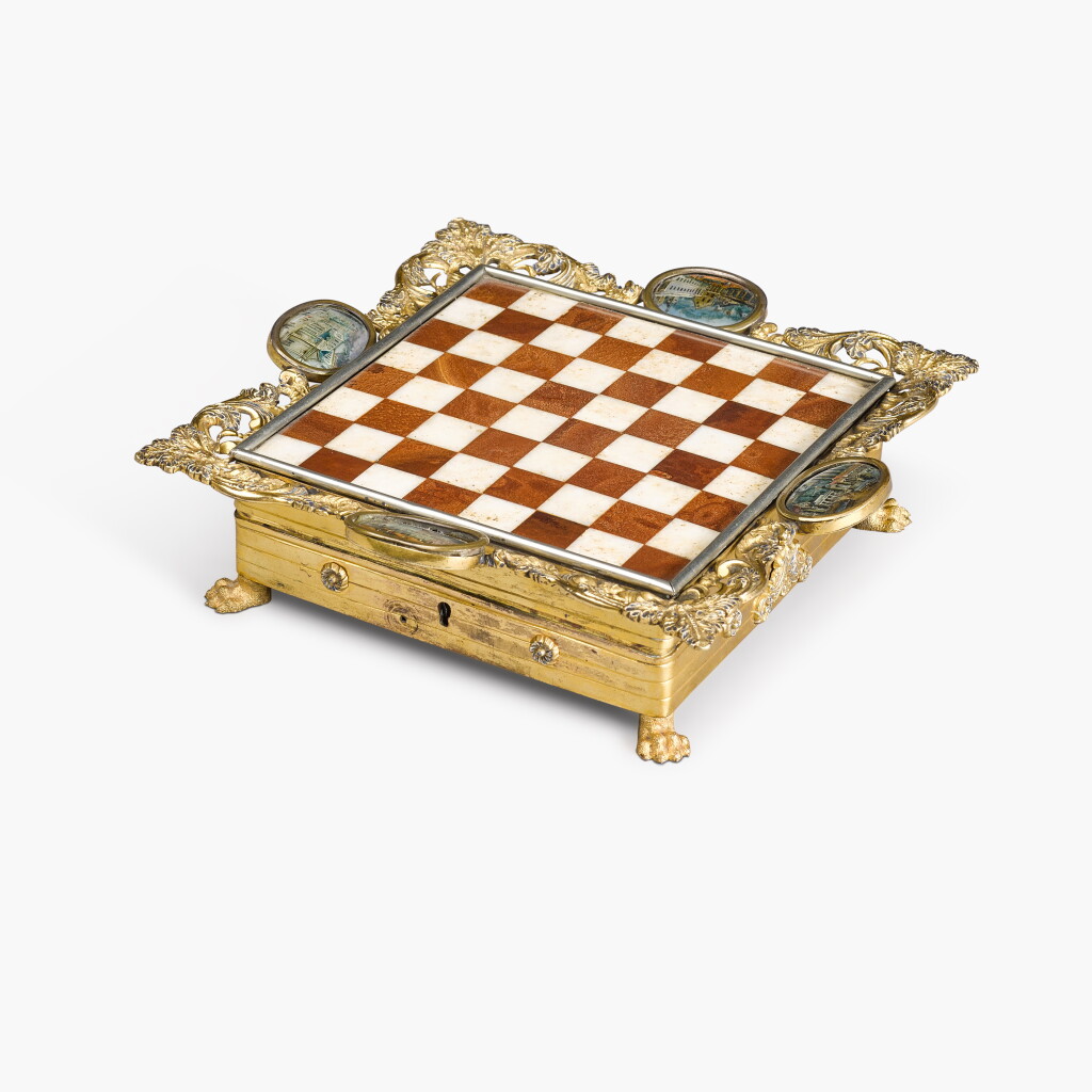 View full screen - View 1 of Lot 71. Chess Board | A small gilt-metal and pietra dura board, possibly Austrian or Italian, 19th century.