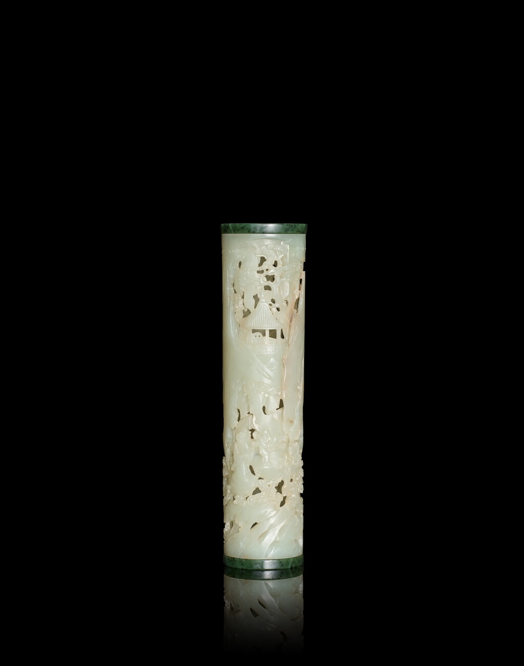 View full screen - View 1 of Lot 3888. A white and spinach green jade openwork 'longevity' parfumier, Qing dynasty, Qianlong period | 清乾隆 白玉鏤雕如意祝壽圖香筒.
