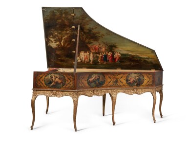 View full screen - View 1 of Lot 12. A French Régence Polychrome Painted Harpsichord Case, the nameboard signed FRANCOIS BLANCHET ME FECIT PARIS 1715 the Case Part Early 18th Century, on a Régence Style Carved Giltwood Stand, Late 19th Century.