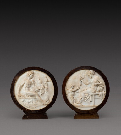 View full screen - View 1 of Lot 114. Italian, 19th century | Pair of Relief Medallions with Venus and Cupid and Mars.
