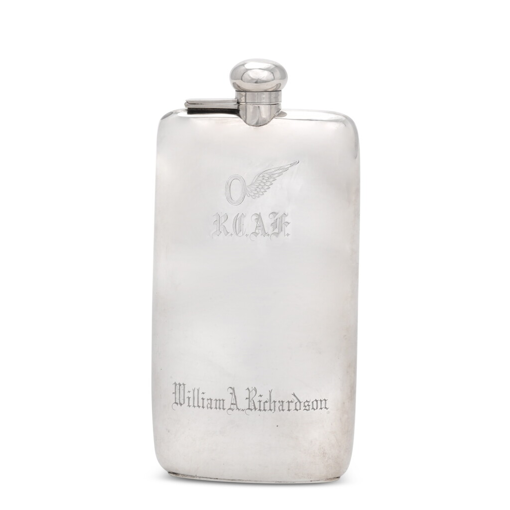View full screen - View 1 of Lot 101. A large Canadian silver Air Force spirit flask, Birks, Montreal, circa 1943.