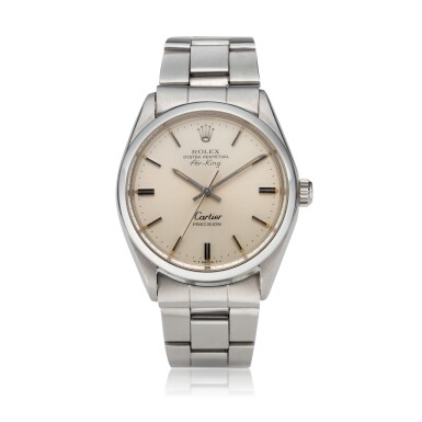 View full screen - View 1 of Lot 32. Reference 5500 Air-King, A stainless steel automatic wristwatch with bracelet, Circa 1978 勞力士 5500型號 Air-King 精鋼自動上鏈鍊帶腕錶,約1978年製,零售商為卡地亞.