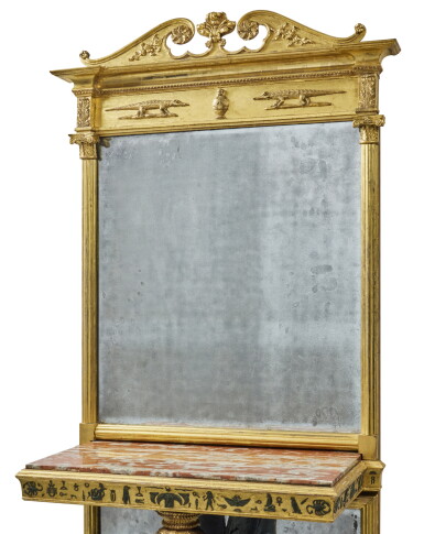 View full screen - View 1 of Lot 90. A Regency Egyptian Revival Gilt and Ebonised Wood and Bronze-Painted and Parcel Gilt Plaster Pier Table and Mirror, probably by Peter Francis Chenu, Dated 1805.