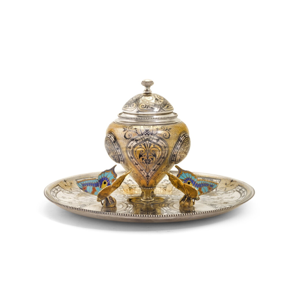 View full screen - View 1 of Lot 90. A Continental parcel-gilt silver, champleve enamel and niello inkstand, unmarked, probably French, circa 1860.