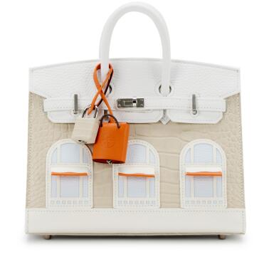 View full screen - View 1 of Lot 1. Beton Matte Alligator, White Togo, Bleu Brume Chèvre and White, Orange H and Craie Swift Neige Faubourg Birkin 20 Sellier Palladium Hardware, 2021.